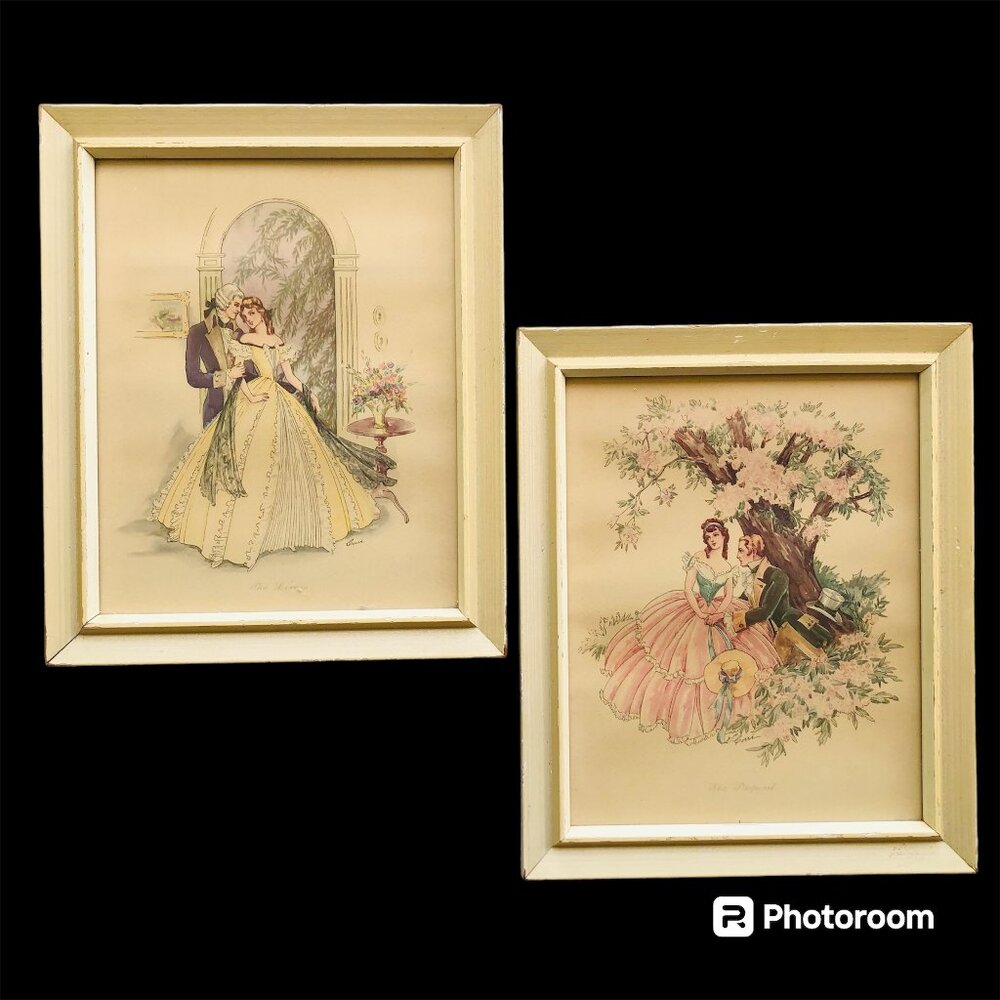 Set of 2 Vtg Framed Print CORRE Lovers Proposal Romantic Colonial Southern Belle